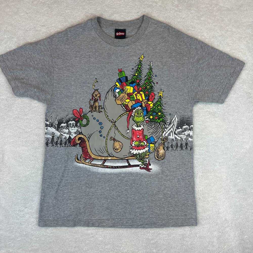 Vintage Y2K Dr Seuss AOP Grinch SS Tee Puff Paint Sz L Alstyle Tag Christmas
